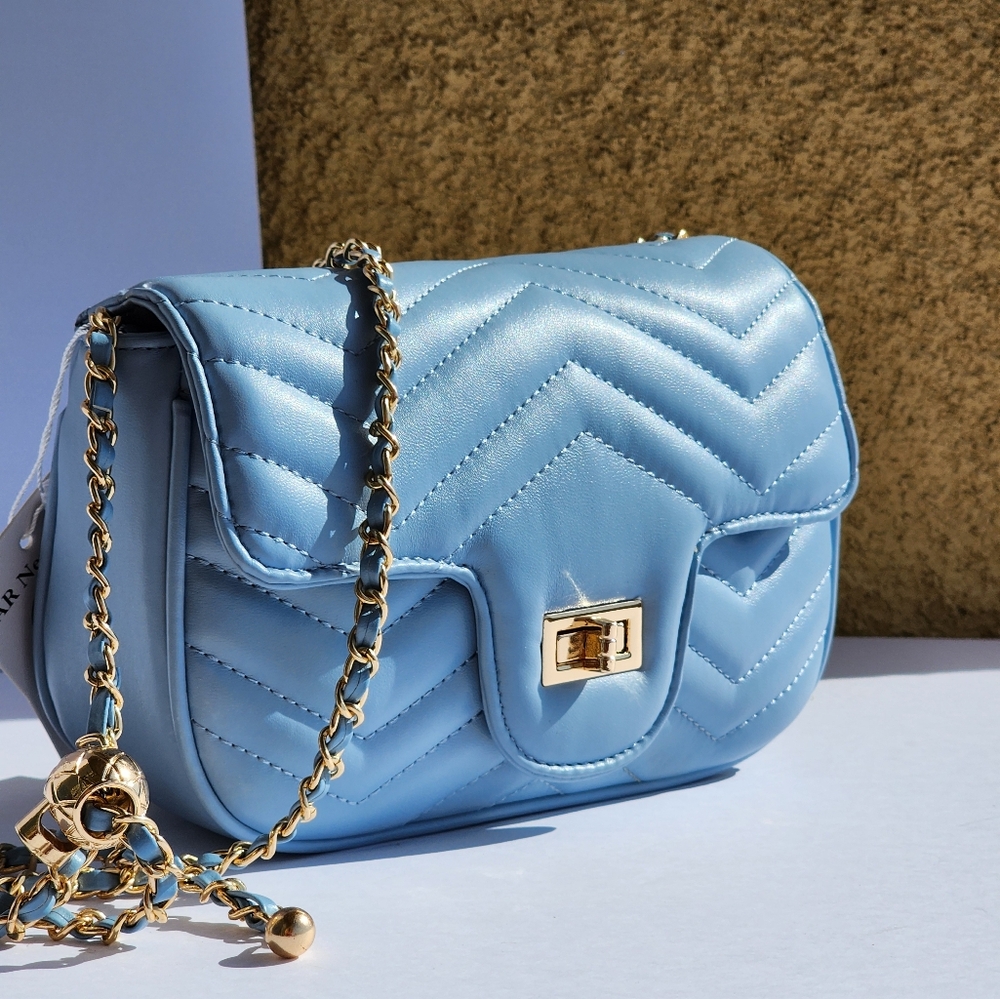 AR New York Women's Quilted Baby Blue Leather Crossbody Bag Chain Strap